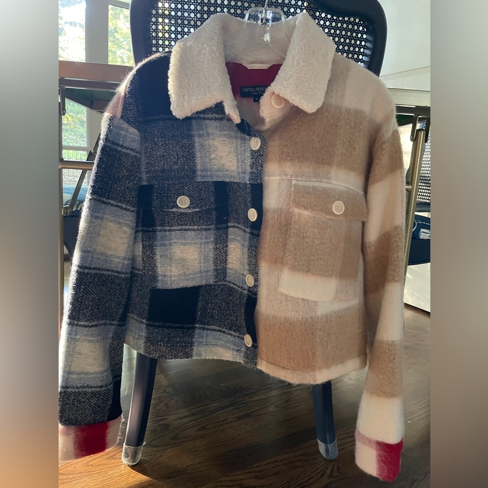 CENTRAL PARK WEST large plaid jacket blazer with sherpa collar